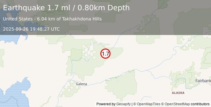Earthquake 56 km SW of Hughes, Alaska (1.7 ml) (2025-09-26 19:48:27 UTC)