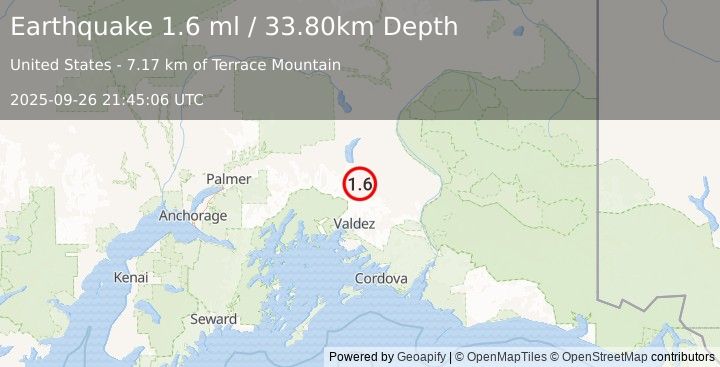 Earthquake 47 km N of Valdez, Alaska (1.6 ml) (2025-09-26 21:45:06 UTC)