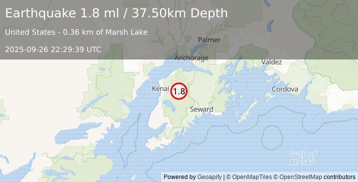 Earthquake 17 km E of Funny River, Alaska (1.8 ml) (2025-09-26 22:29:39 UTC)