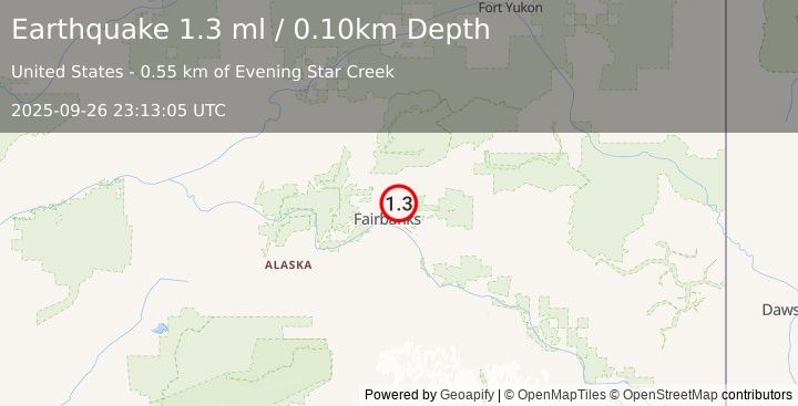 Earthquake 6 km E of Fox, Alaska (1.3 ml) (2025-09-26 23:13:05 UTC)