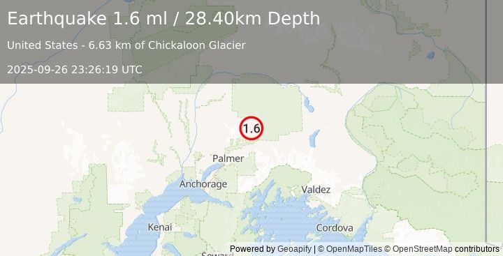 Earthquake 28 km N of Chickaloon, Alaska (1.6 ml) (2025-09-26 23:26:19 UTC)