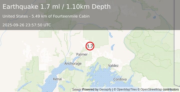 Earthquake 16 km NNE of Chickaloon, Alaska (1.7 ml) (2025-09-26 23:57:50 UTC)
