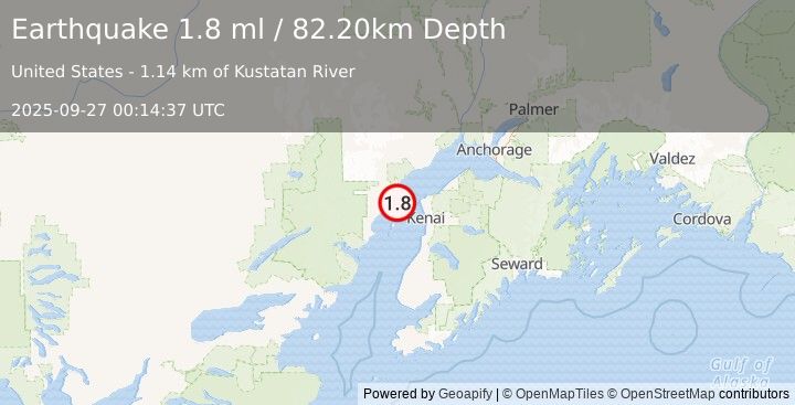 Earthquake 28 km WNW of Salamatof, Alaska (1.8 ml) (2025-09-27 00:14:37 UTC)