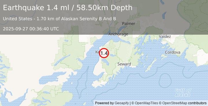 Earthquake 5 km ENE of Soldotna, Alaska (1.4 ml) (2025-09-27 00:36:40 UTC)