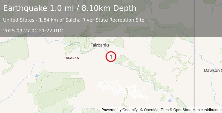 Earthquake 4 km SSW of Salcha, Alaska (1.0 ml) (2025-09-27 01:21:22 UTC)