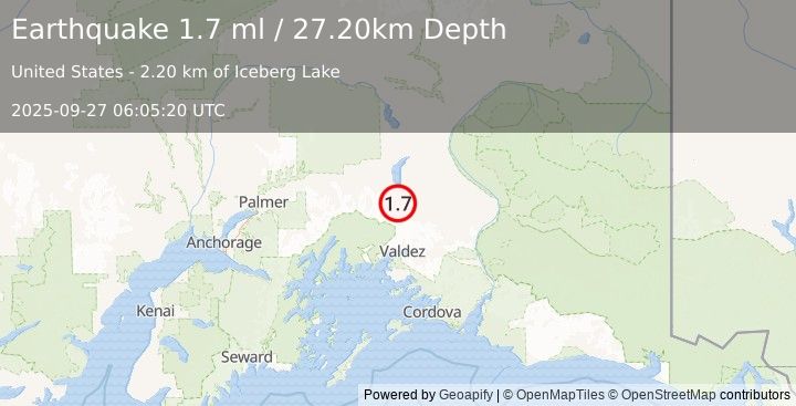 Earthquake 48 km SSE of Nelchina, Alaska (1.7 ml) (2025-09-27 06:05:20 UTC)