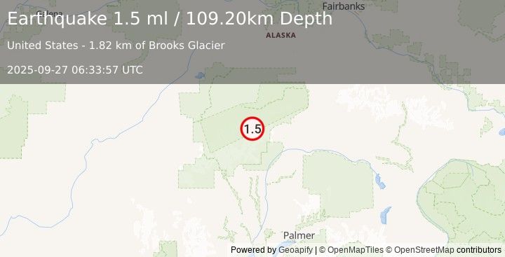 Earthquake 72 km SE of Denali National Park, Alaska (1.5 ml) (2025-09-27 06:33:57 UTC)