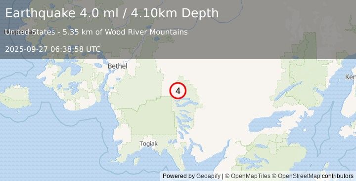 Earthquake 111 km NNW of Aleknagik, Alaska (4.0 ml) (2025-09-27 06:38:58 UTC)