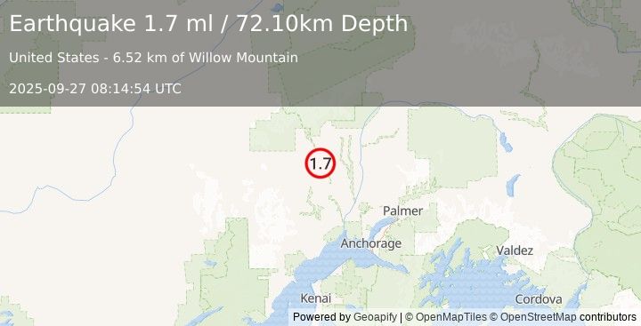 Earthquake 22 km NE of Skwentna, Alaska (1.7 ml) (2025-09-27 08:14:54 UTC)