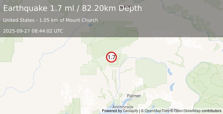 Earthquake 42 km N of Petersville, Alaska (1.7 ml) (2025-09-27 08:44:02 UTC)