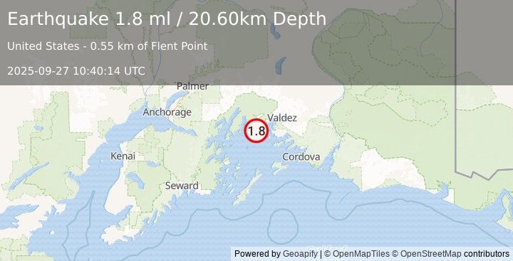 Earthquake 26 km WNW of Tatitlek, Alaska (1.8 ml) (2025-09-27 10:40:14 UTC)