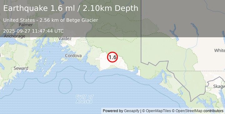Earthquake 105 km S of McCarthy, Alaska (1.6 ml) (2025-09-27 11:47:44 UTC)