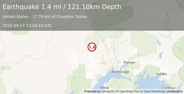 Earthquake 55 km WNW of Skwentna, Alaska (1.4 ml) (2025-09-27 13:16:18 UTC)