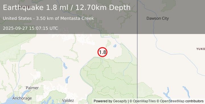 Earthquake 5 km SE of Mentasta Lake, Alaska (1.8 ml) (2025-09-27 15:07:15 UTC)