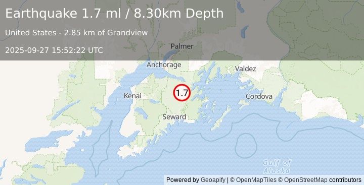 Earthquake 20 km NE of Moose Pass, Alaska (1.7 ml) (2025-09-27 15:52:22 UTC)