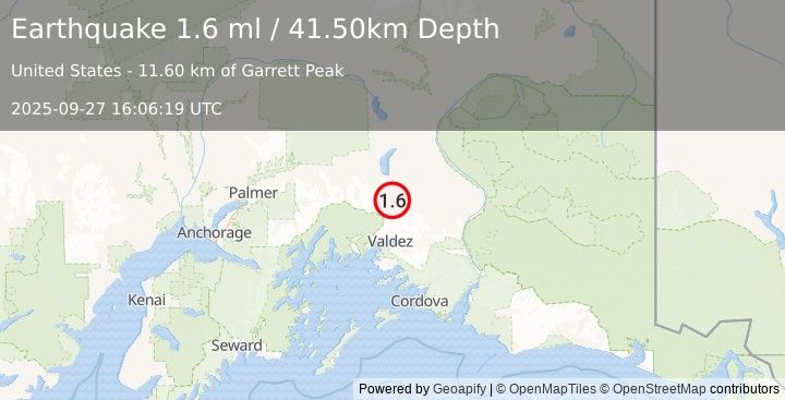 Earthquake 44 km N of Valdez, Alaska (1.6 ml) (2025-09-27 16:06:19 UTC)