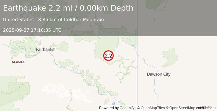 Earthquake 84 km NW of Chicken, Alaska (2.2 ml) (2025-09-27 17:16:35 UTC)