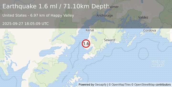 Earthquake 6 km E of Happy Valley, Alaska (1.6 ml) (2025-09-27 18:05:09 UTC)