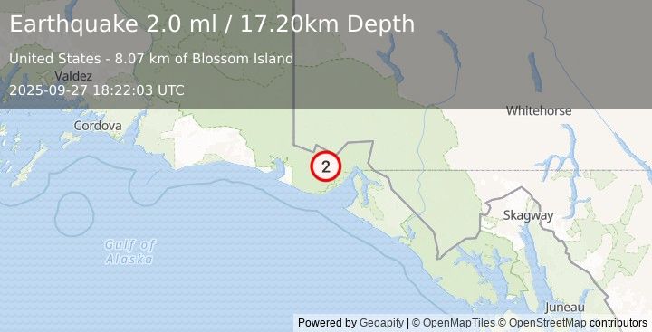 Earthquake 62 km NNW of Yakutat, Alaska (2.0 ml) (2025-09-27 18:22:03 UTC)