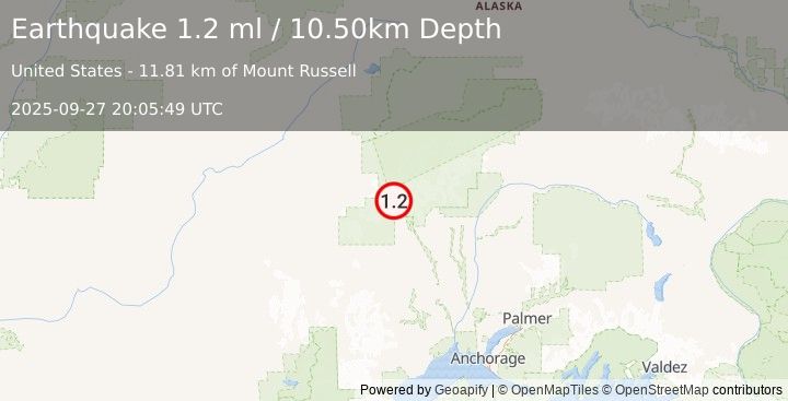 Earthquake 57 km WNW of Petersville, Alaska (1.2 ml) (2025-09-27 20:05:49 UTC)