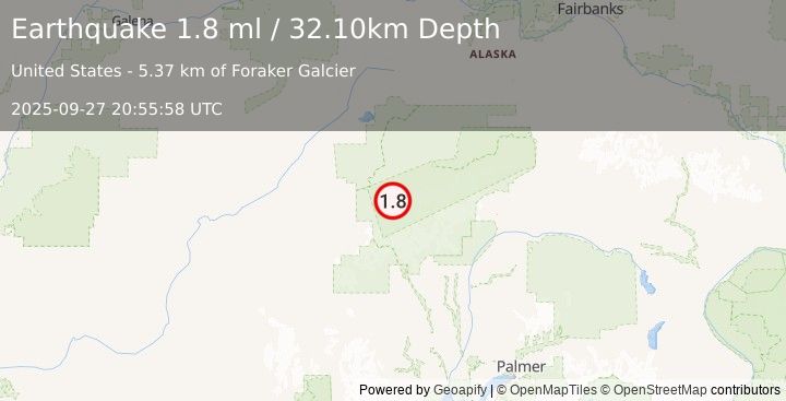 Earthquake 44 km S of Denali National Park, Alaska (1.8 ml) (2025-09-27 20:55:58 UTC)