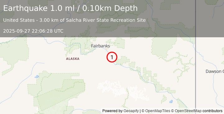 Earthquake 3 km S of Salcha, Alaska (1.0 ml) (2025-09-27 22:06:28 UTC)