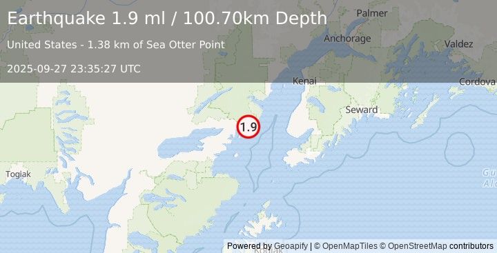 Earthquake 59 km E of Pedro Bay, Alaska (1.9 ml) (2025-09-27 23:35:27 UTC)