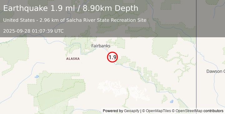 Earthquake 3 km S of Salcha, Alaska (1.9 ml) (2025-09-28 01:07:39 UTC)