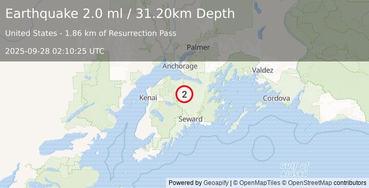 Earthquake 16 km NNE of Cooper Landing, Alaska (2.0 ml) (2025-09-28 02:10:25 UTC)