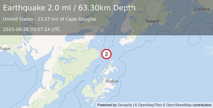 Earthquake 77 km SW of Nanwalek, Alaska (2.0 ml) (2025-09-28 03:57:24 UTC)
