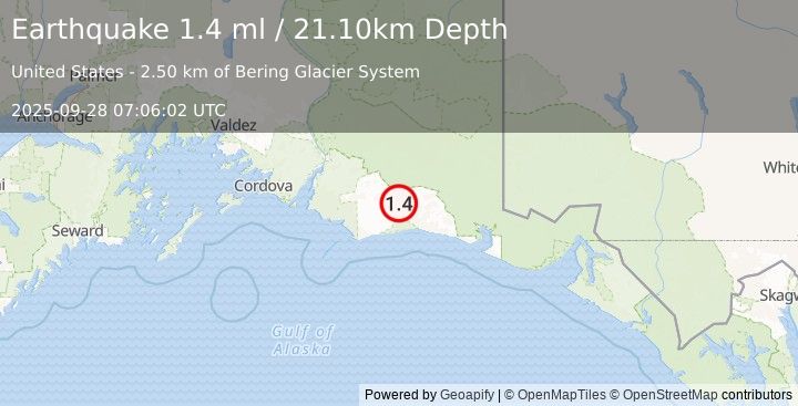 Earthquake 118 km S of McCarthy, Alaska (1.4 ml) (2025-09-28 07:06:02 UTC)