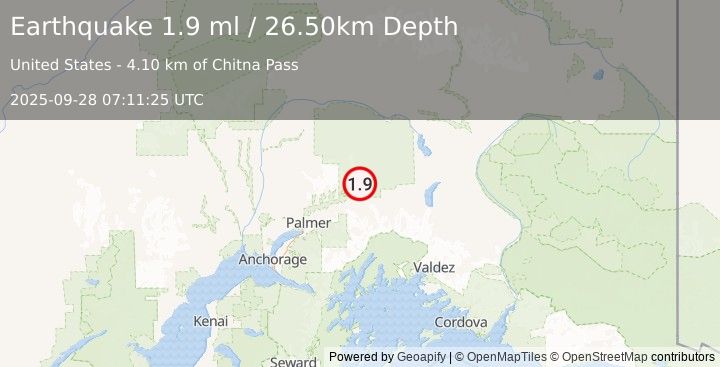Earthquake 27 km NW of Glacier View, Alaska (1.9 ml) (2025-09-28 07:11:25 UTC)