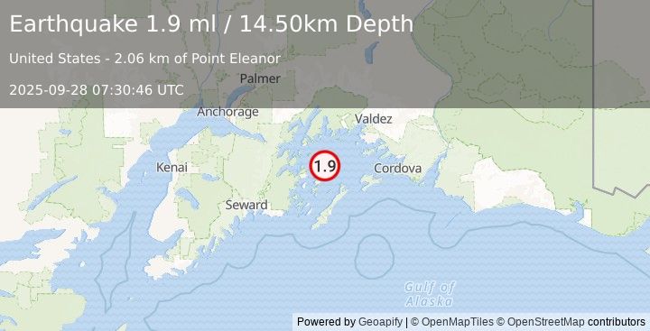 Earthquake 56 km SW of Tatitlek, Alaska (1.9 ml) (2025-09-28 07:30:46 UTC)