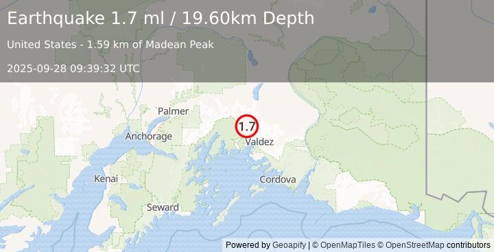 Earthquake 34 km NW of Valdez, Alaska (1.7 ml) (2025-09-28 09:39:32 UTC)