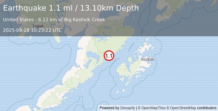 Earthquake 61 km NW of Karluk, Alaska (1.1 ml) (2025-09-28 10:23:22 UTC)