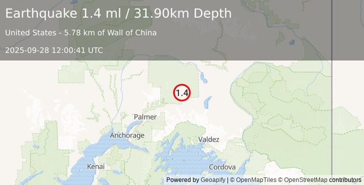 Earthquake 25 km NW of Eureka Roadhouse, Alaska (1.4 ml) (2025-09-28 12:00:41 UTC)