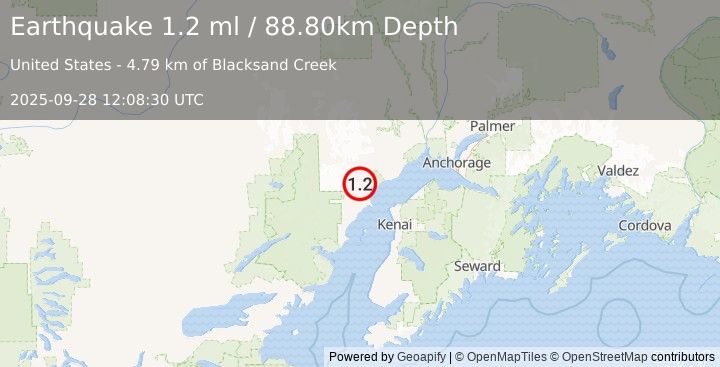 Earthquake 48 km W of Tyonek, Alaska (1.2 ml) (2025-09-28 12:08:30 UTC)