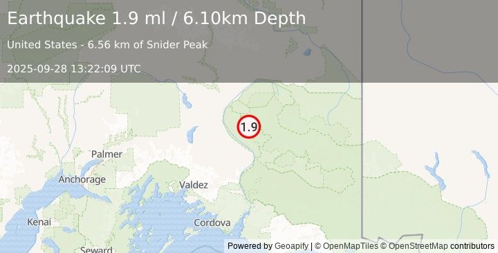 Earthquake 37 km NNE of Kenny Lake, Alaska (1.9 ml) (2025-09-28 13:22:09 UTC)