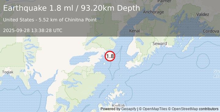 Earthquake 63 km ESE of Pedro Bay, Alaska (1.8 ml) (2025-09-28 13:38:28 UTC)