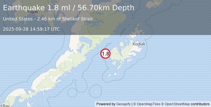 Earthquake 33 km SW of Karluk, Alaska (1.8 ml) (2025-09-28 14:59:17 UTC)