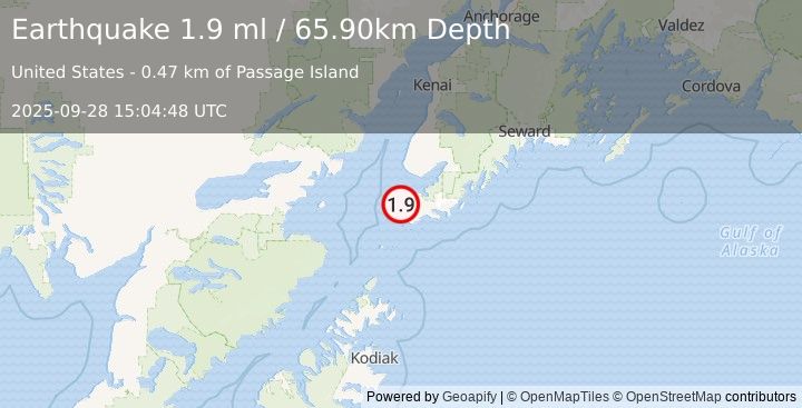 Earthquake 3 km NE of Nanwalek, Alaska (1.9 ml) (2025-09-28 15:04:48 UTC)