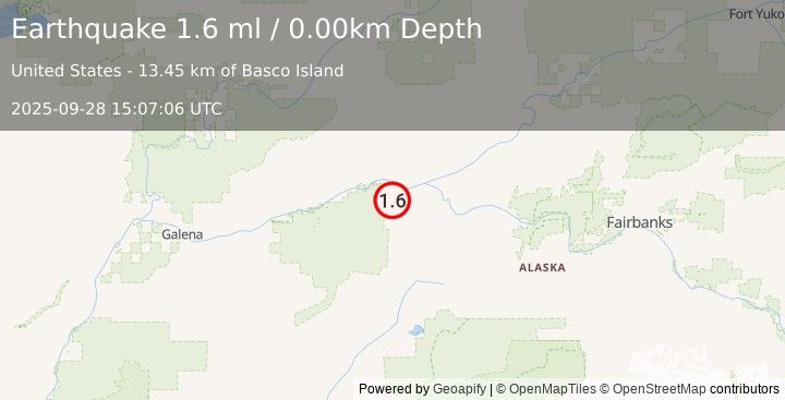 Earthquake 33 km WSW of Tanana, Alaska (1.6 ml) (2025-09-28 15:07:06 UTC)