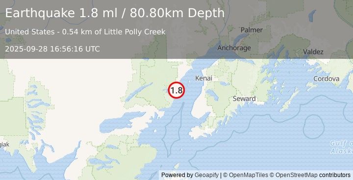 Earthquake 52 km WNW of Ninilchik, Alaska (1.8 ml) (2025-09-28 16:56:16 UTC)