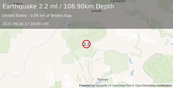 Earthquake 68 km N of Petersville, Alaska (2.2 ml) (2025-09-28 17:16:00 UTC)