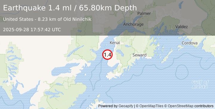 Earthquake 10 km NW of Ninilchik, Alaska (1.4 ml) (2025-09-28 17:57:42 UTC)