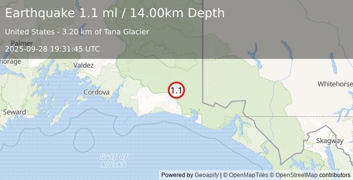 Earthquake 102 km SSE of McCarthy, Alaska (1.1 ml) (2025-09-28 19:31:45 UTC)