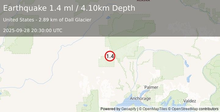 Earthquake 69 km WNW of Petersville, Alaska (1.4 ml) (2025-09-28 20:30:00 UTC)