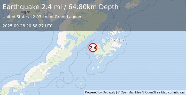 Earthquake 13 km SW of Karluk, Alaska (2.4 ml) (2025-09-28 20:58:27 UTC)