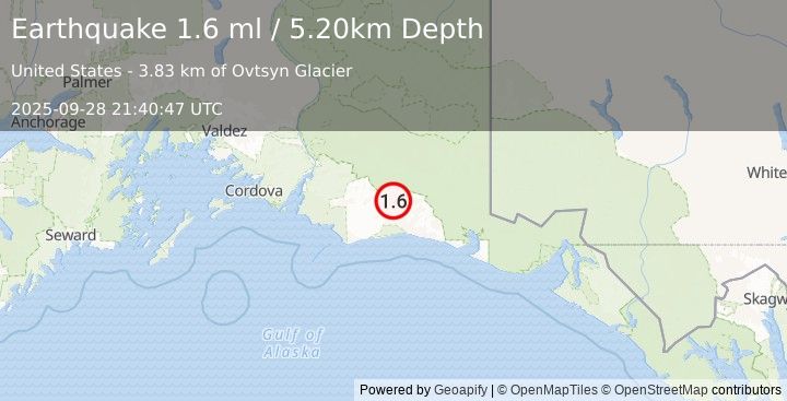 Earthquake 110 km S of McCarthy, Alaska (1.6 ml) (2025-09-28 21:40:47 UTC)