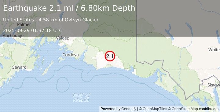 Earthquake 104 km S of McCarthy, Alaska (2.1 ml) (2025-09-29 01:37:18 UTC)